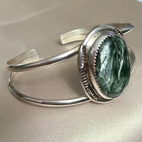 CALVIN TOM Navajo 925 Sterling Silver Cuff Rare Seraphinite 7" Vintage - Picture 4 of 6